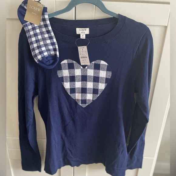 J. Crew Sweaters - J. CREW Medium TEDDIE Navy Blue W/ Checked Heart Pullover SWEATER & Socks NWT